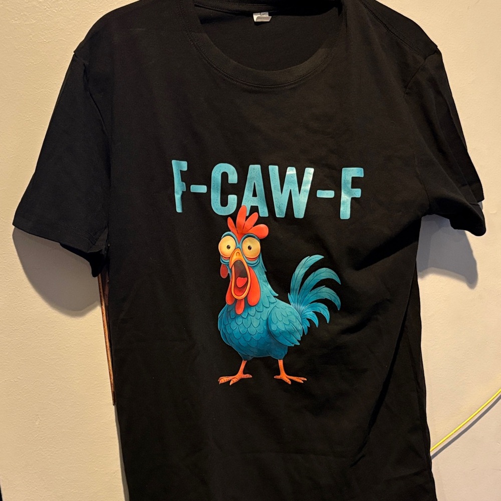 Black T-Shirt with Blue Rooster Graphic